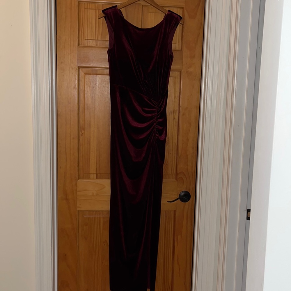 Maroon velvet formal, floor length dress size 8